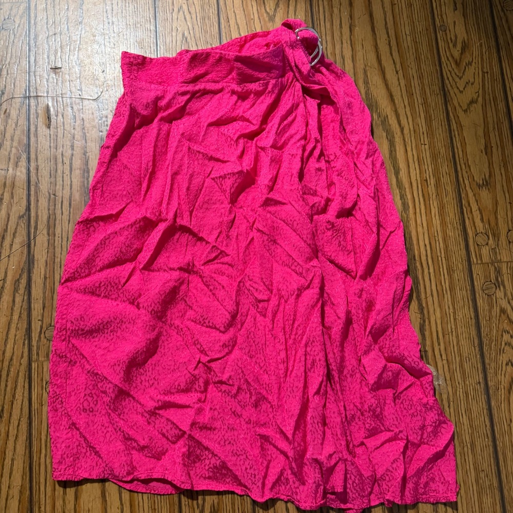 Nine West Faux Wrap Midi Skirt Size L Hot Pink Textured Leopard Jacquard O-Ring